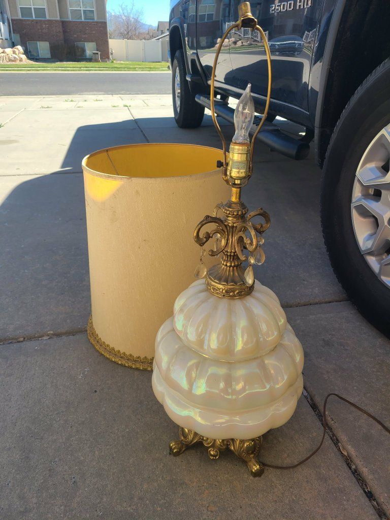 Opalescent Blown Glass Lamp with Teardrop Crystals