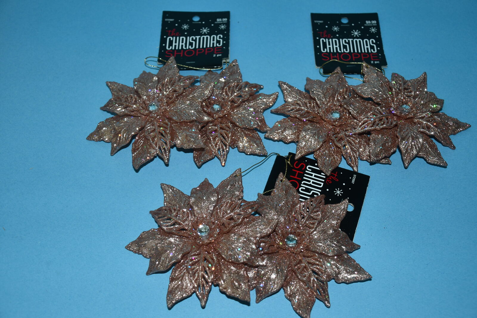 6 NEW SPARKLY "ROSE GOLD" POINSETTIA FLOWER CHRISTMAS ORNAMENTS ~ 5" ~ VERY PRETTY!