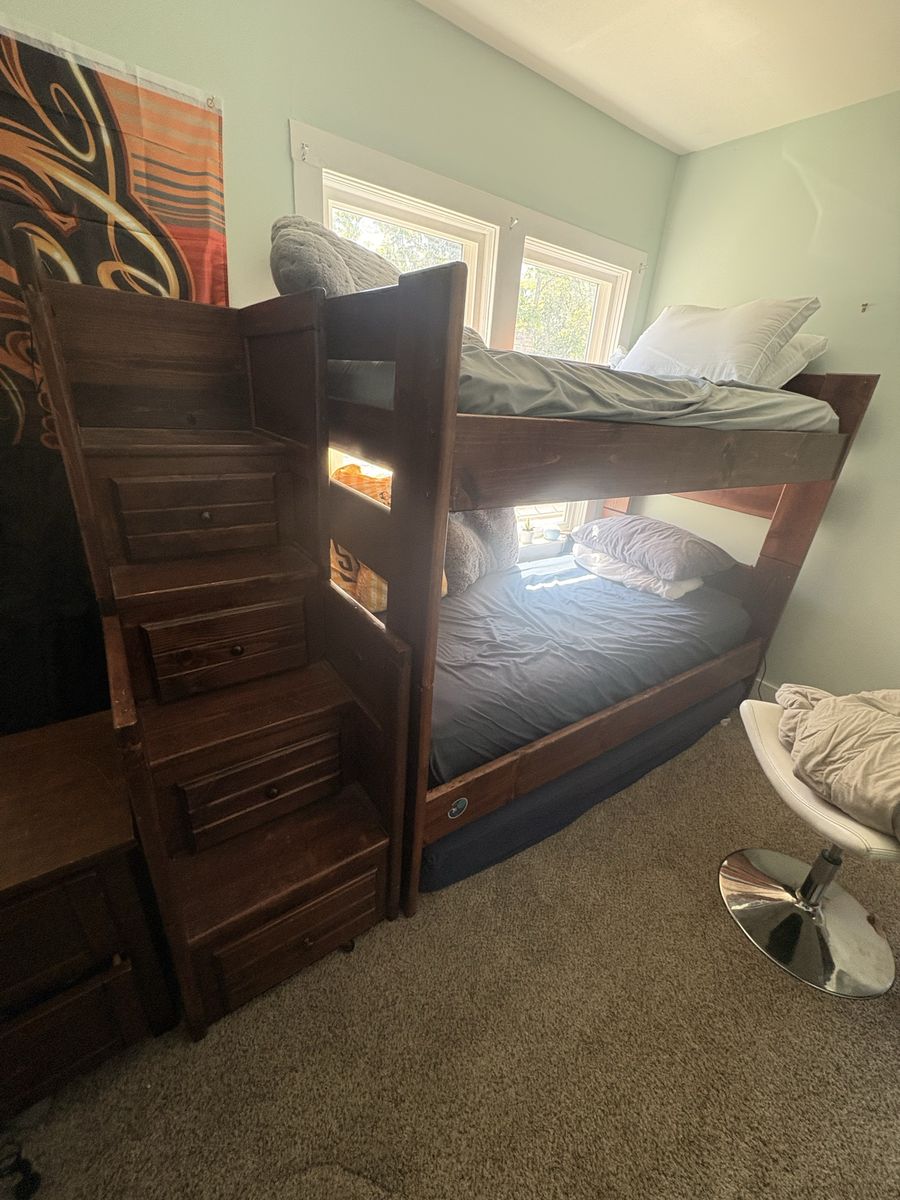 Solid Wood Twin Bunk Bed with Storage Stairs and Nightstand and Dresser- Dark Brown Finish