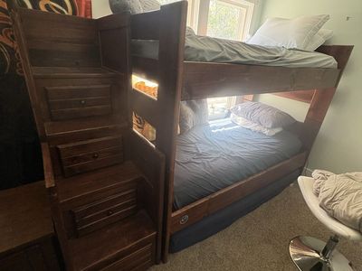 Solid Wood Twin Bunk Bed with Storage Stairs and Nightstand and Dresser- Dark Brown Finish