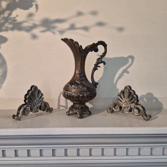 Vintage Metal Decor Set - Ornate Bronze Pitcher & Silver Tone Fleur-de-lis Stands