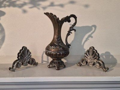 Vintage Metal Decor Set - Ornate Bronze Pitcher & Silver Tone Fleur-de-lis Stands