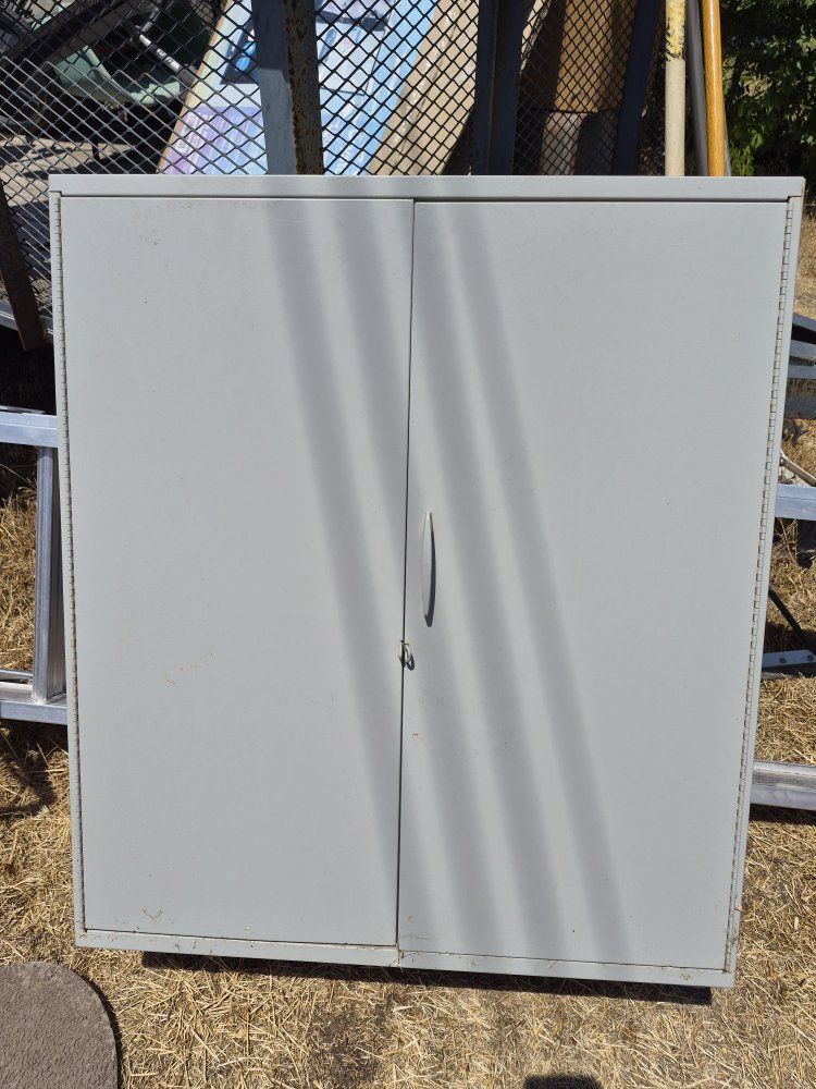 Used Gray Metal Storage Cabinet with Adjustable Shelves - Industrial, Garage, Office Organization