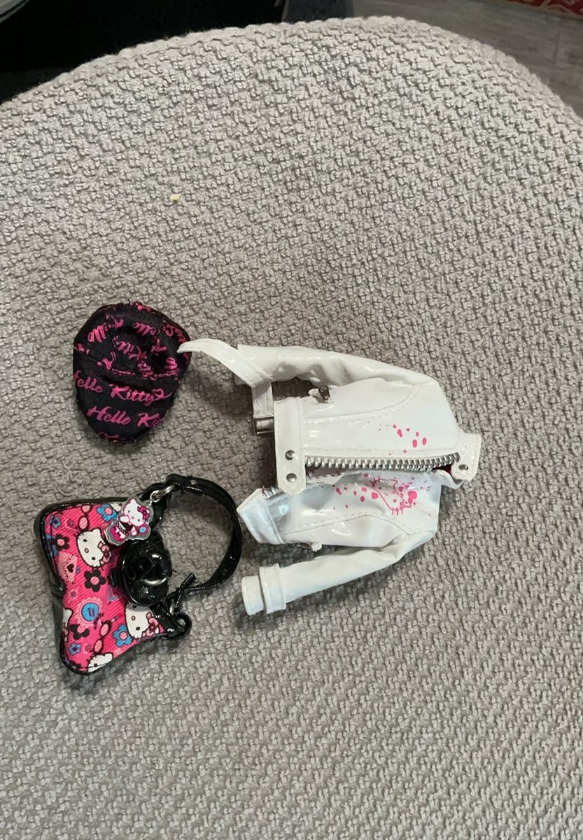 Hello Kitty Doll Clothes Lot: White Jacket, Pink Purse, Black Beanie Hat - Doll Accessories