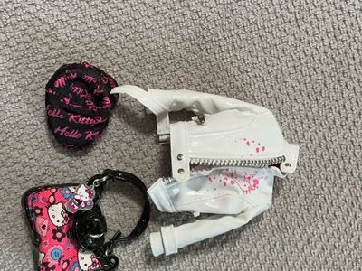 Hello Kitty Doll Clothes Lot: White Jacket, Pink Purse, Black Beanie Hat - Doll Accessories