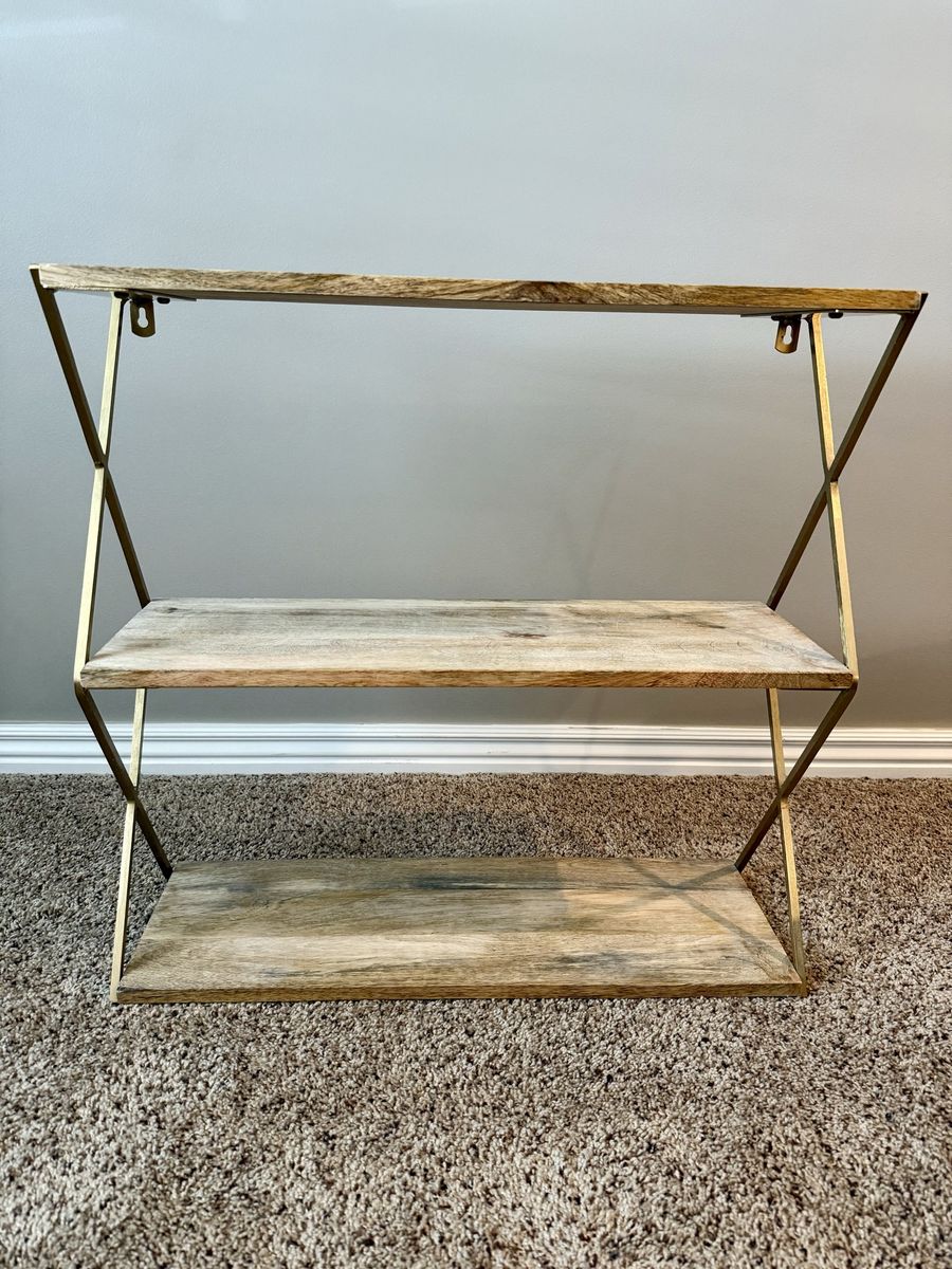 World Market Industrial Wood and Gold Metal Wall Shelf 3-Tier Display Unit