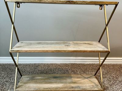 World Market Industrial Wood and Gold Metal Wall Shelf 3-Tier Display Unit