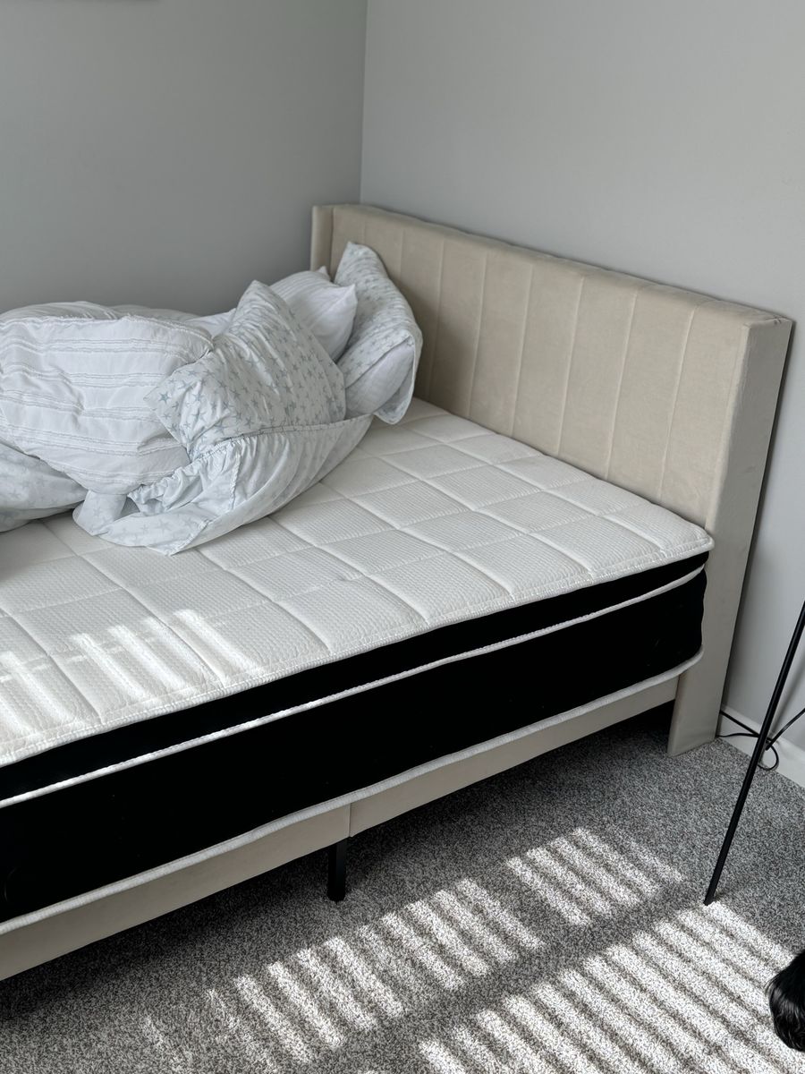 Queen Size Upholstered Bed Frame with Headboard and Mattress - Like New Condition