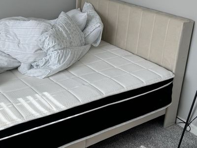 Queen Size Upholstered Bed Frame with Headboard and Mattress - Like New Condition