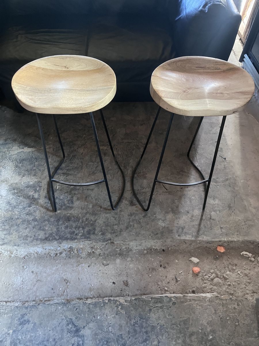 Rustic Industrial Bar Stools - Set of 2 Wood Top Metal Base Counter Height