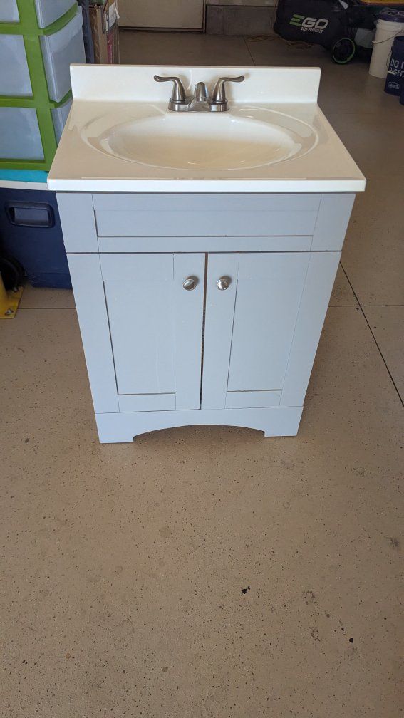 Grey Bathroom Vanity with Sink Top and Brushed Nickel Faucet