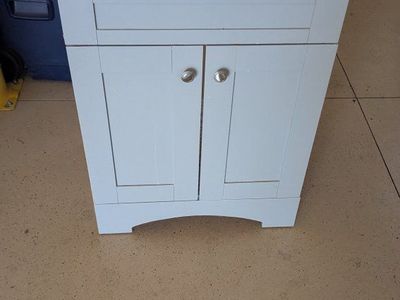 Grey Bathroom Vanity with Sink Top and Brushed Nickel Faucet