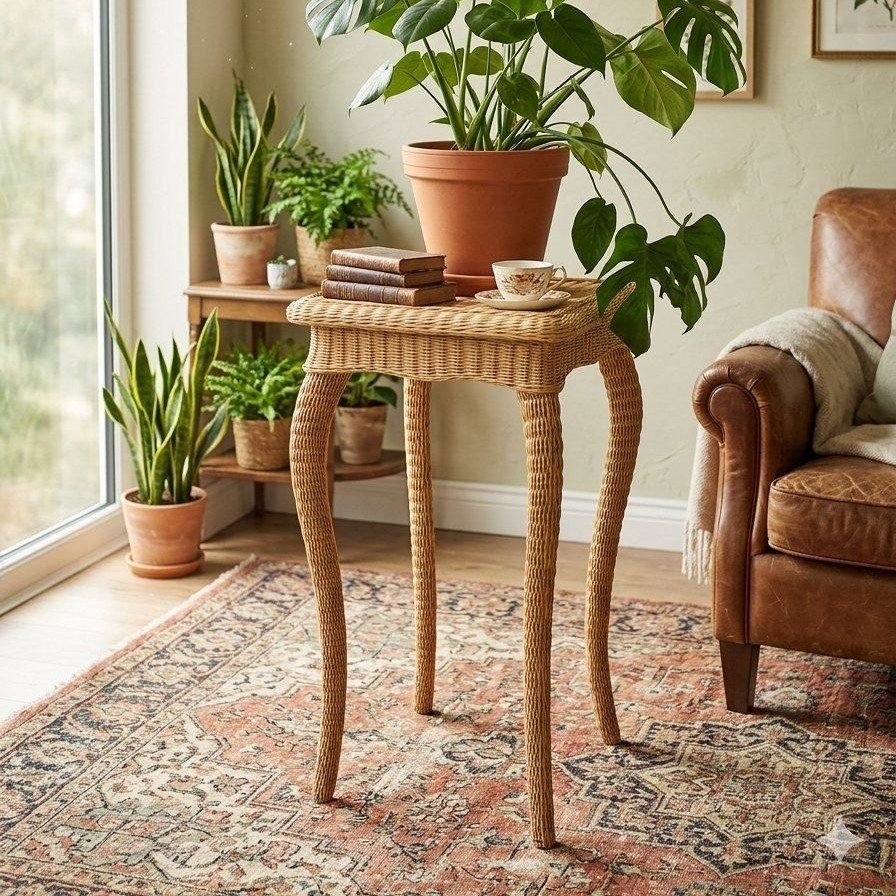 Vintage Coastal Woven Rattan Pedestal Stand
