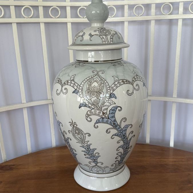Large Ceramic Ginger Jar with Lid Blue & Grey Retail $150