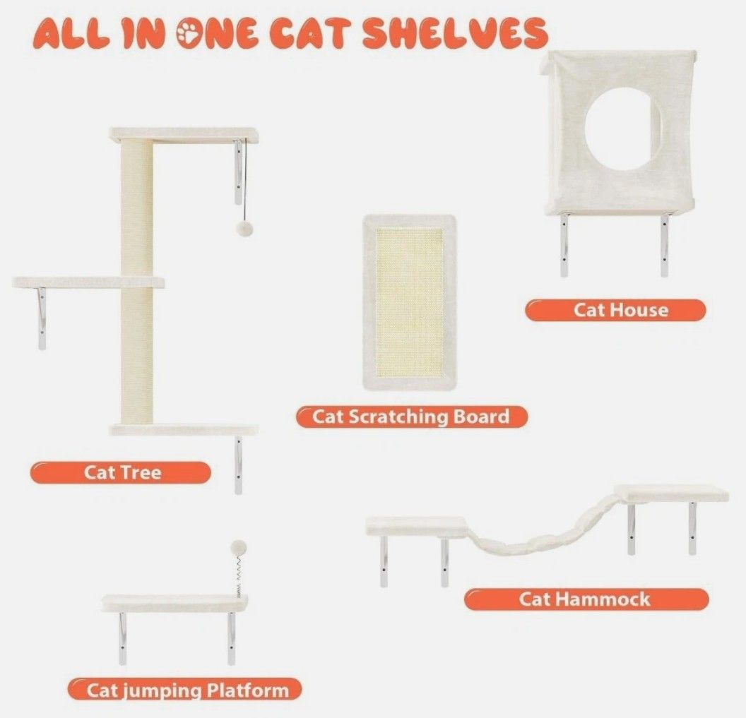 Cat Wall Furniture 5 Pc Set House Bridge Steps Scratching Post Shelves Beige