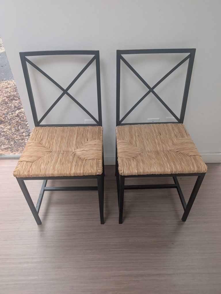 Set of 2 Black Metal Frame Rush Seat Dining Chairs with Cross Back Design