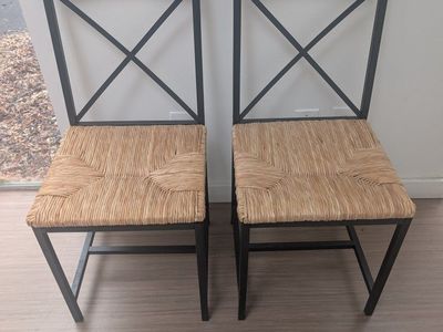 Set of 2 Black Metal Frame Rush Seat Dining Chairs with Cross Back Design