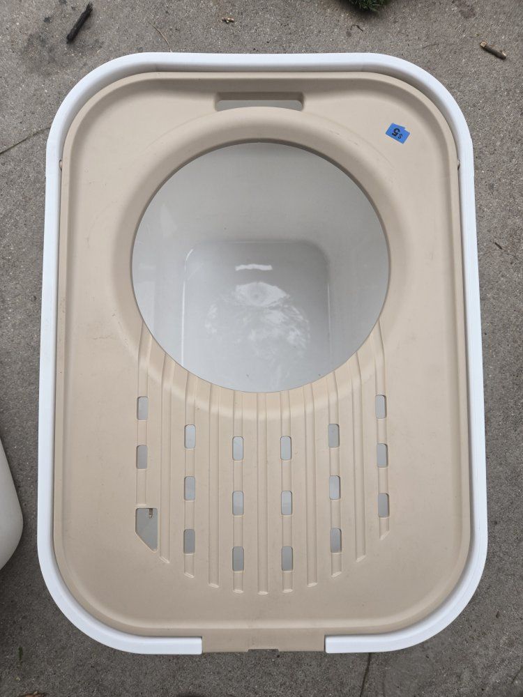 Large Top Entry Cat Litter Box, White & Tan, Reduces Tracking, Easy Clean
