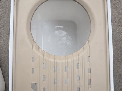 Large Top Entry Cat Litter Box, White & Tan, Reduces Tracking, Easy Clean