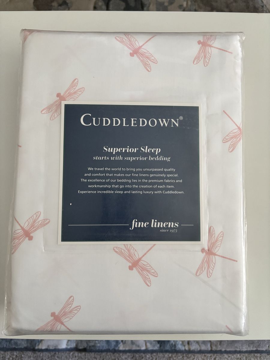 New Cuddledown DRAGONFLY King Fitted Sheet - 400TC Cotton Sateen White Pink Camellia