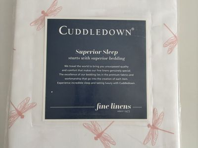 New Cuddledown DRAGONFLY King Fitted Sheet - 400TC Cotton Sateen White Pink Camellia