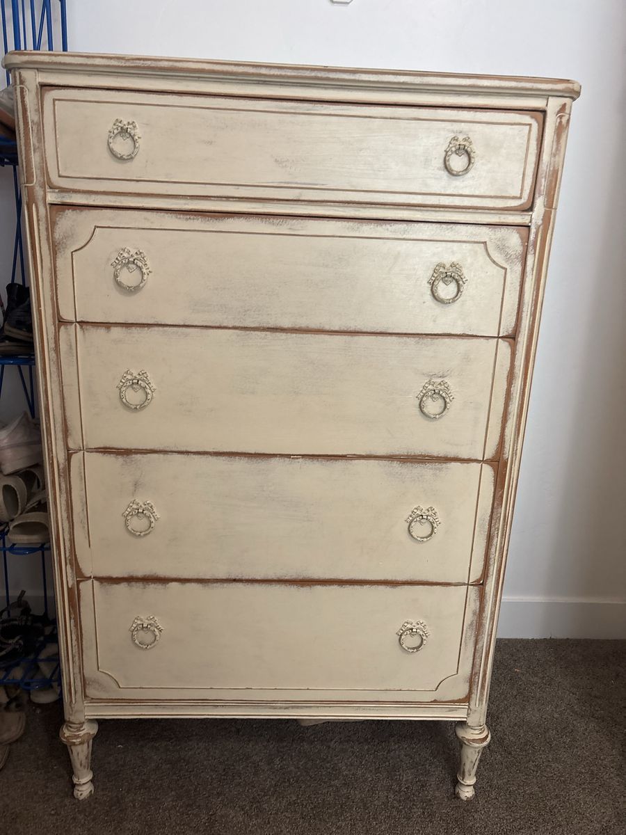 Distressed Off-White Vintage French Provincial Tall Chest Dresser - 5 Drawers