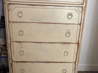 Distressed Off-White Vintage French Provincial Tall Chest Dresser - 5 Drawers