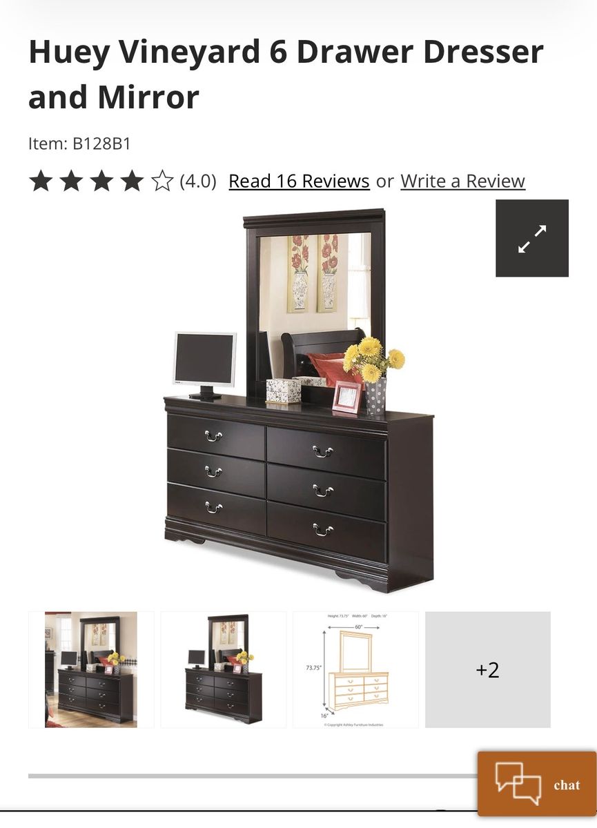 Huey Vineyard 6-Drawer Dresser & Mirror, Louis Philippe-style, Engineered Wood, Antiqued Pewter Hardware