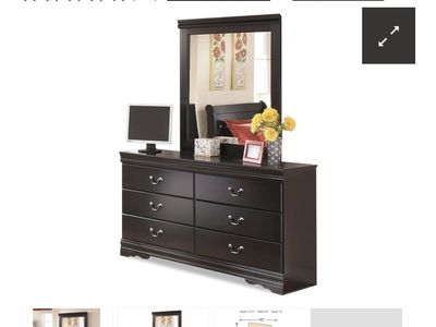 Huey Vineyard 6-Drawer Dresser & Mirror, Louis Philippe-style, Engineered Wood, Antiqued Pewter Hardware