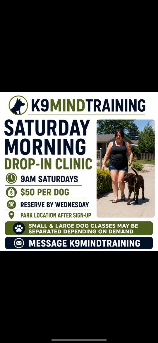 K9MindTraining is offering Saturday morning drop-in training clinics at 9am.