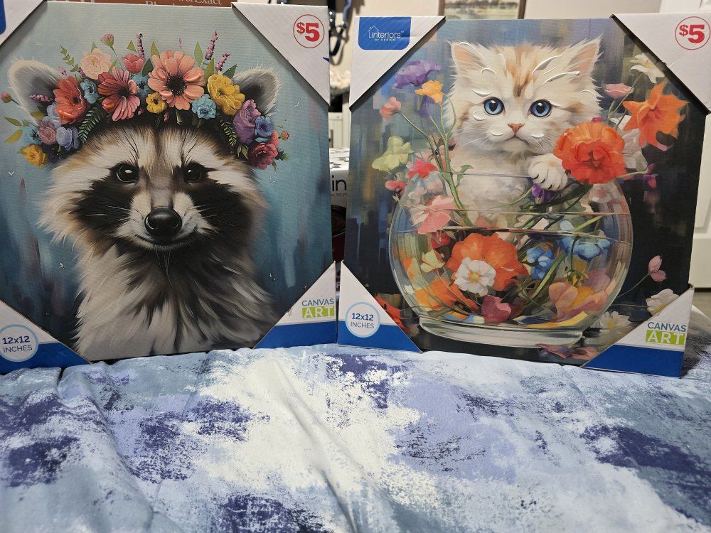 Set of 2 Interiors By Design Canvas Art 12x12 Raccoon and Kitten