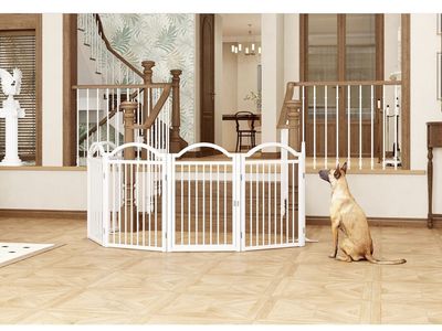 BHG Metal Freestanding Dog Gate with walk-through door.