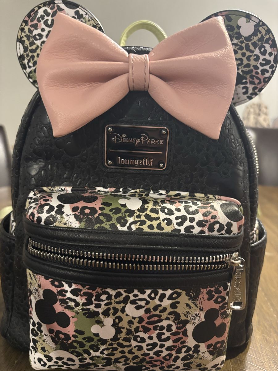 Loungefly Disney Parks Minnie Mouse Pink Bow Leopard Print Mini Backpack Black