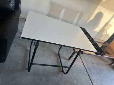 Adjustable Drafting Table with White Top and Built-in Storage Tray