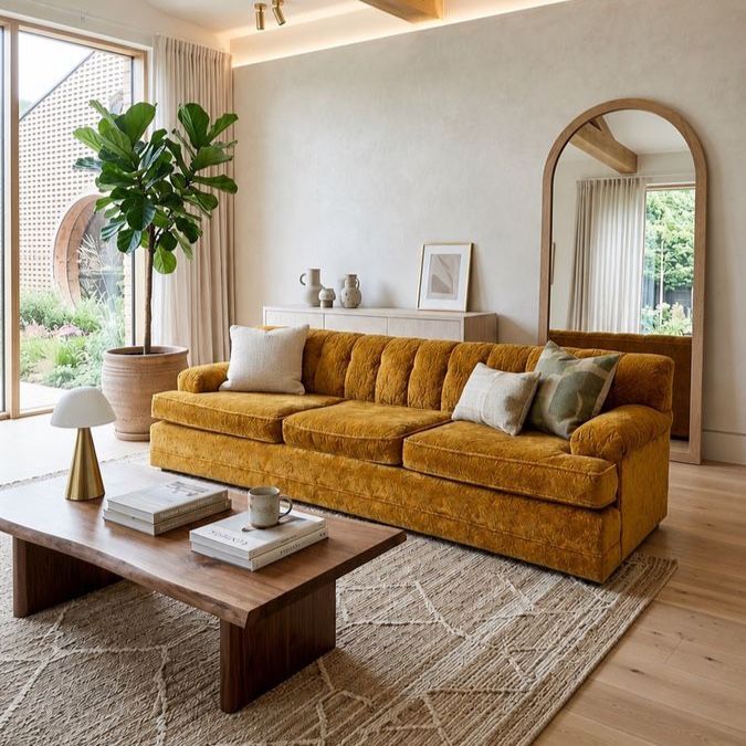 Vintage Mid Century Golden Velvet Tufted Sofa Couch