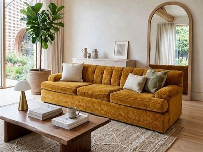 Vintage Mid Century Golden Velvet Tufted Sofa Couch