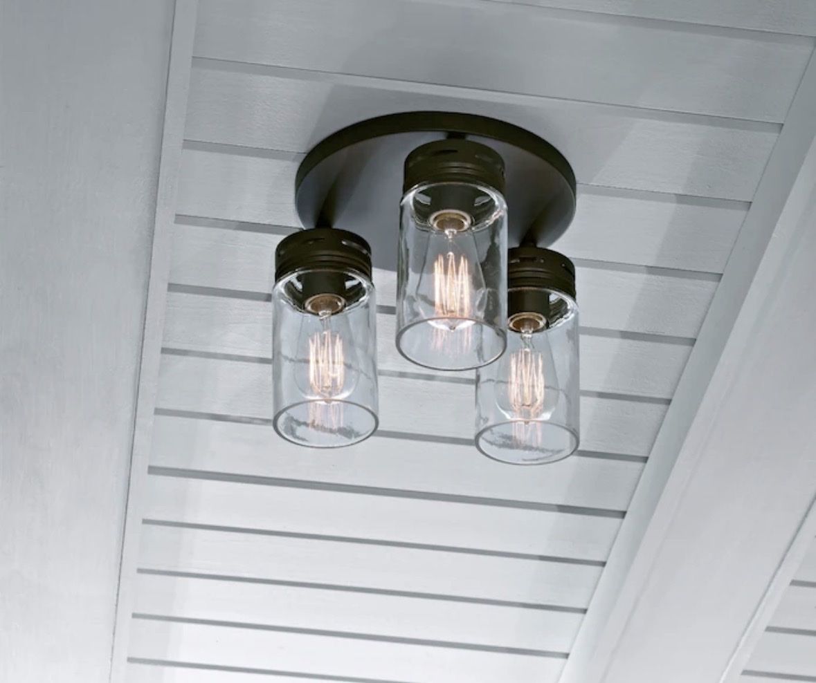 New in box-allen + roth Vallymede 3-Light Flushmount Ceiling Fixture Aged Bronze Finish Clear Glass Shades