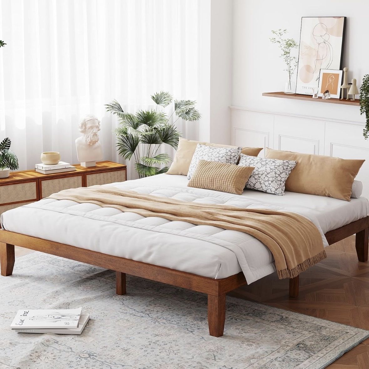 MCM King Wooden Platform Bed Frame - 14 Inch Low Profile with Wooden Slat Support, Brown Finish 