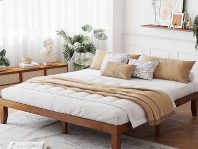 MCM King Wooden Platform Bed Frame - 14 Inch Low Profile with Wooden Slat Support, Brown Finish