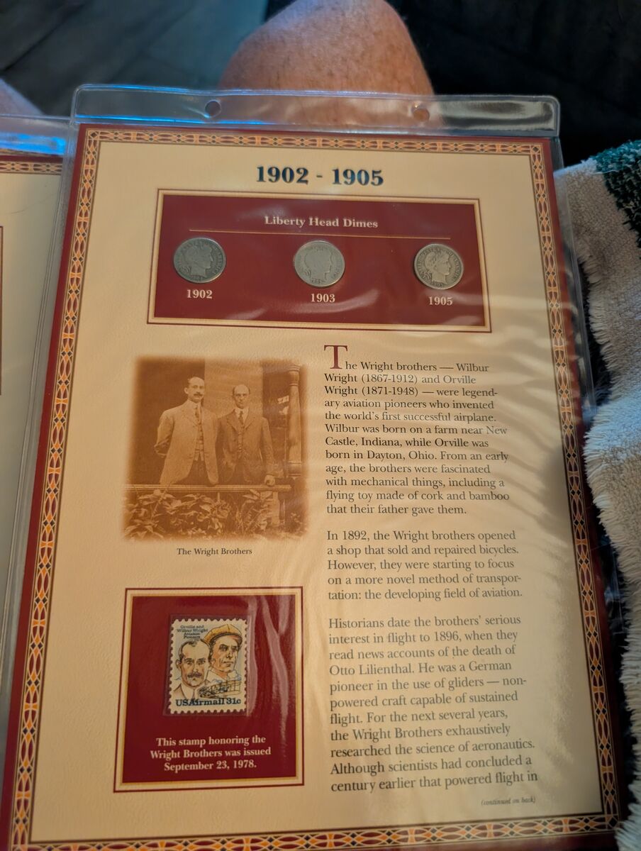 1902 to 1905 Liberty dimes with Wright Brothers stamp