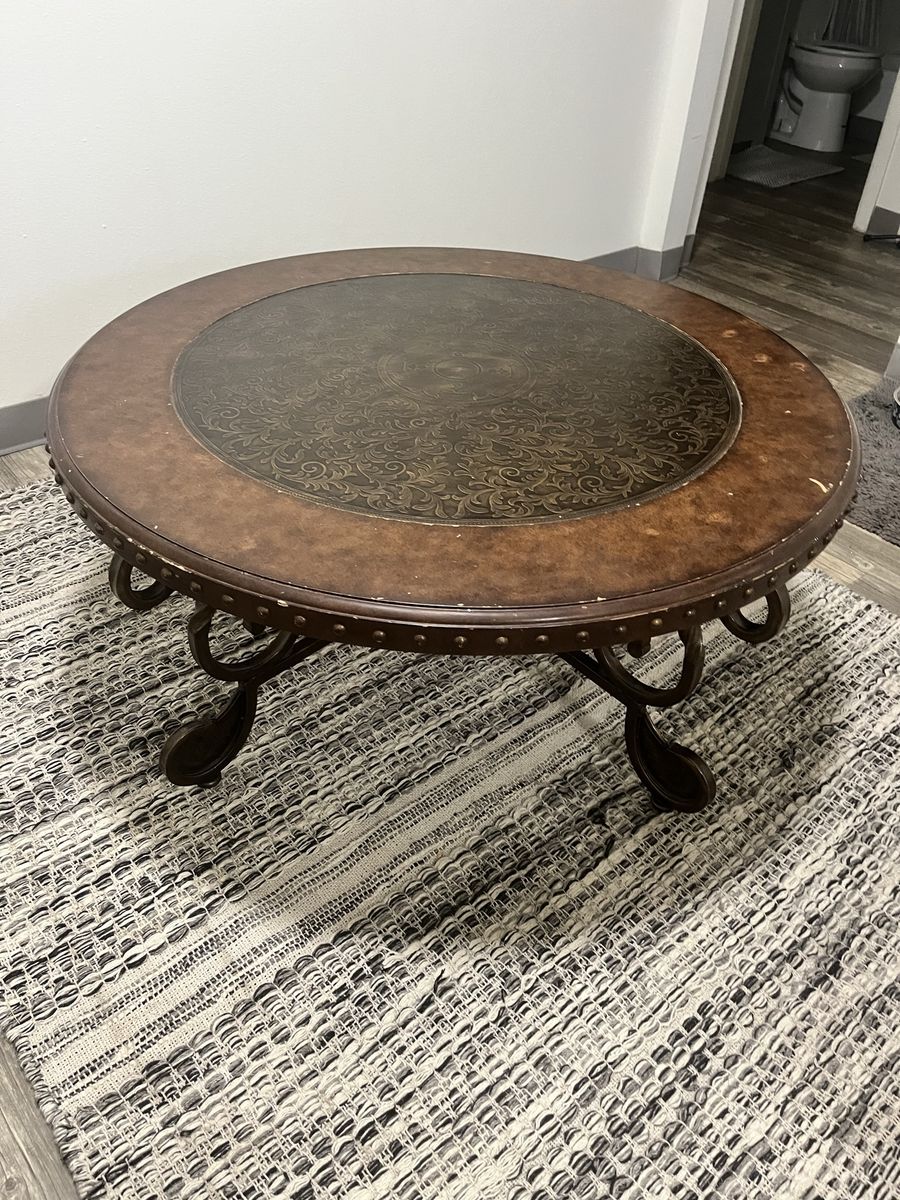 Round Coffee Table with Wrought Iron Base & Embossed Leather Top