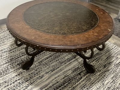 Round Coffee Table with Wrought Iron Base & Embossed Leather Top