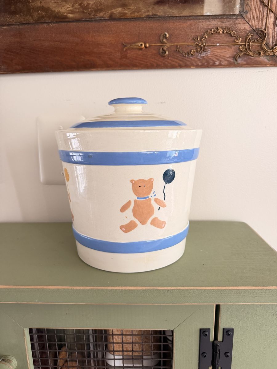 Ceramic Teddy Bear Cookie Jar with Lid Blue Striped Nursery Decor