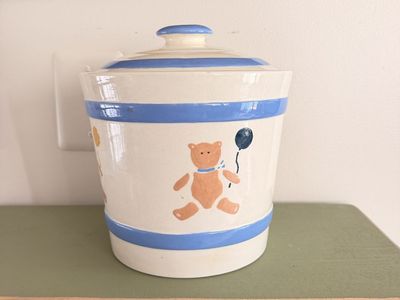 Ceramic Teddy Bear Cookie Jar with Lid Blue Striped Nursery Decor