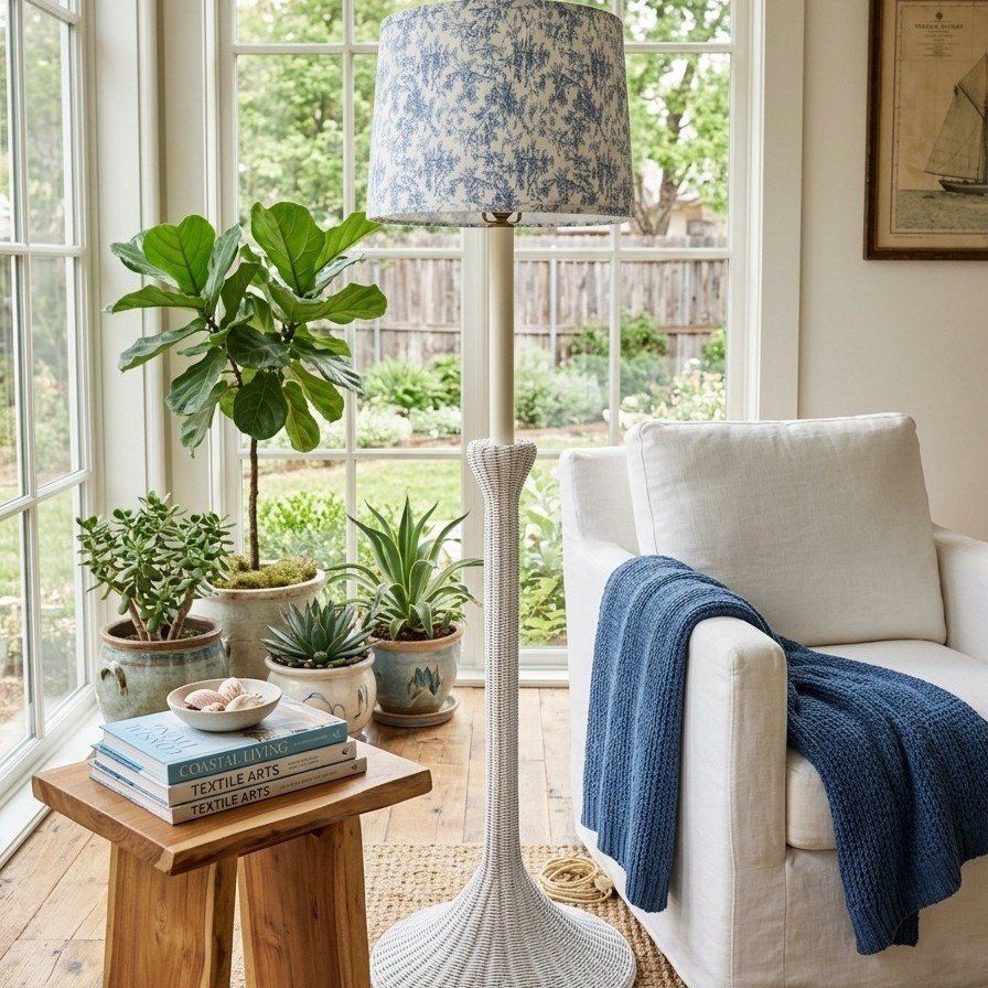 Vintage Wicker Floor Lamp with Floral Shade