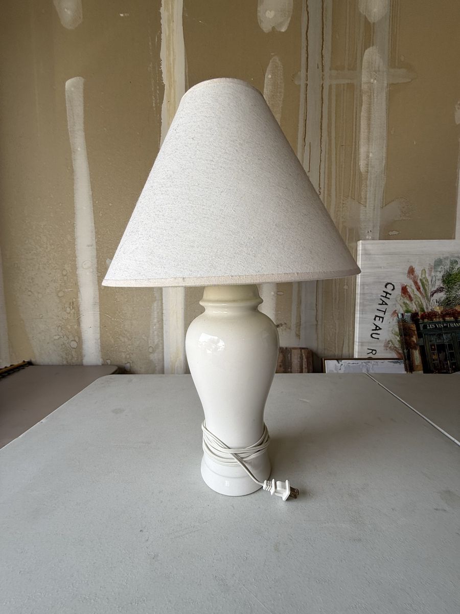 Vintage White Ceramic Table Lamp with Fabric Shade