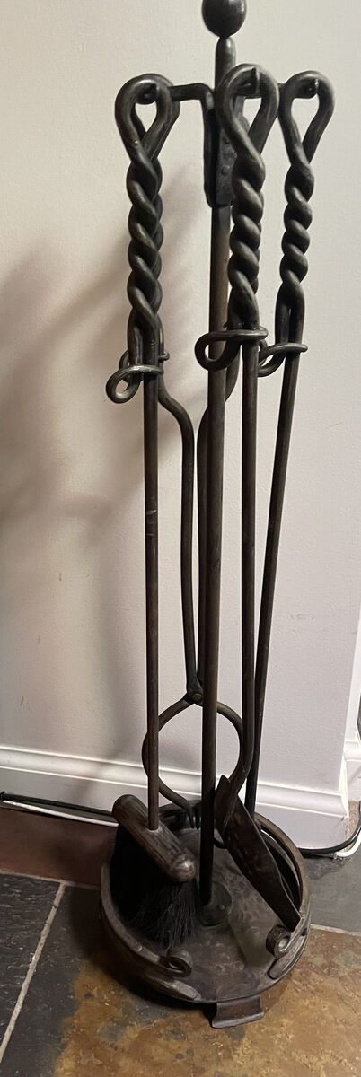 Antique Wrought Iron Fireplace Tool Set With Stand-Solid-