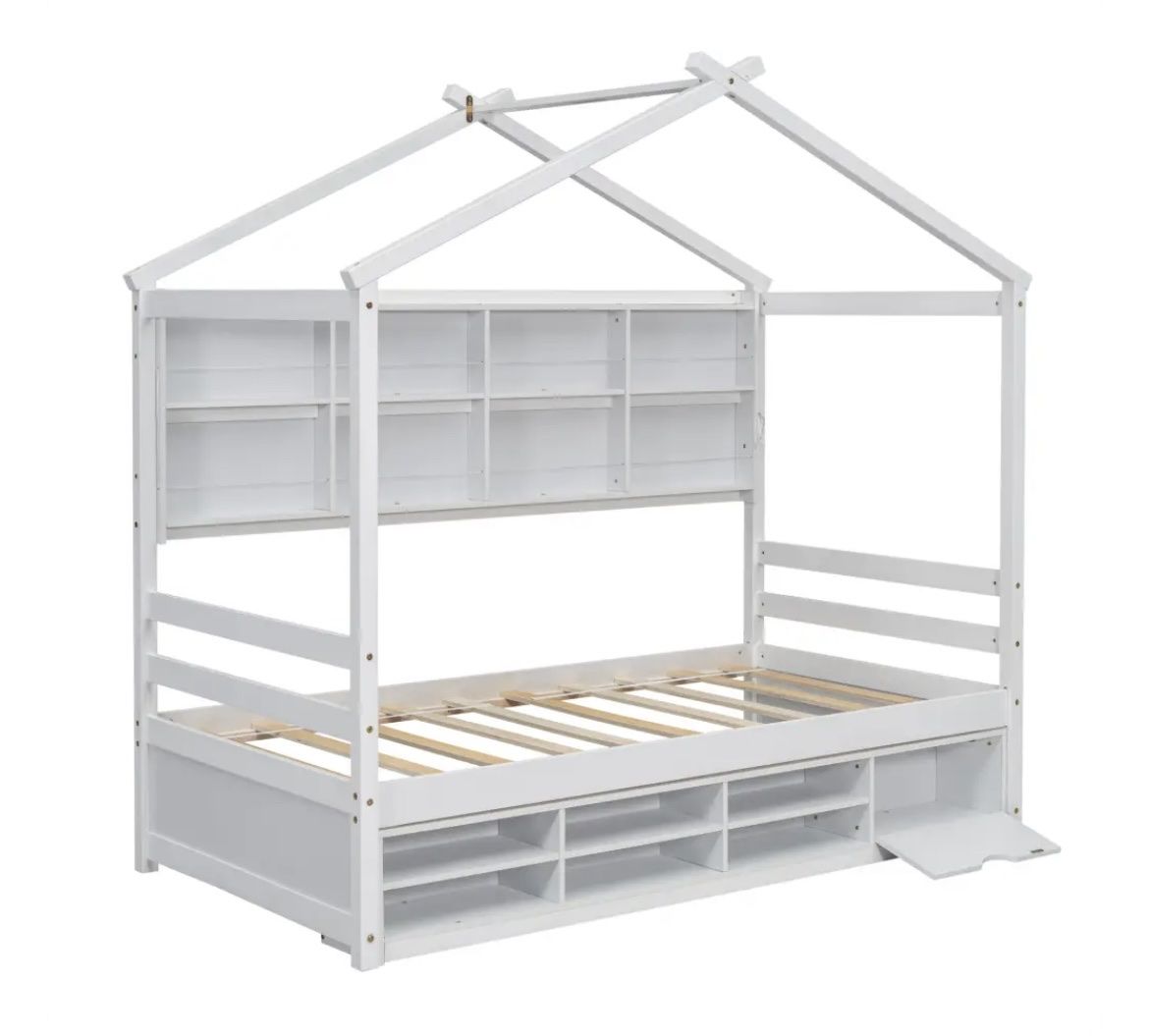 Twin House Bed With Shelf- White
