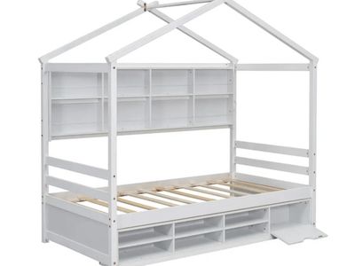 Twin House Bed With Shelf- White