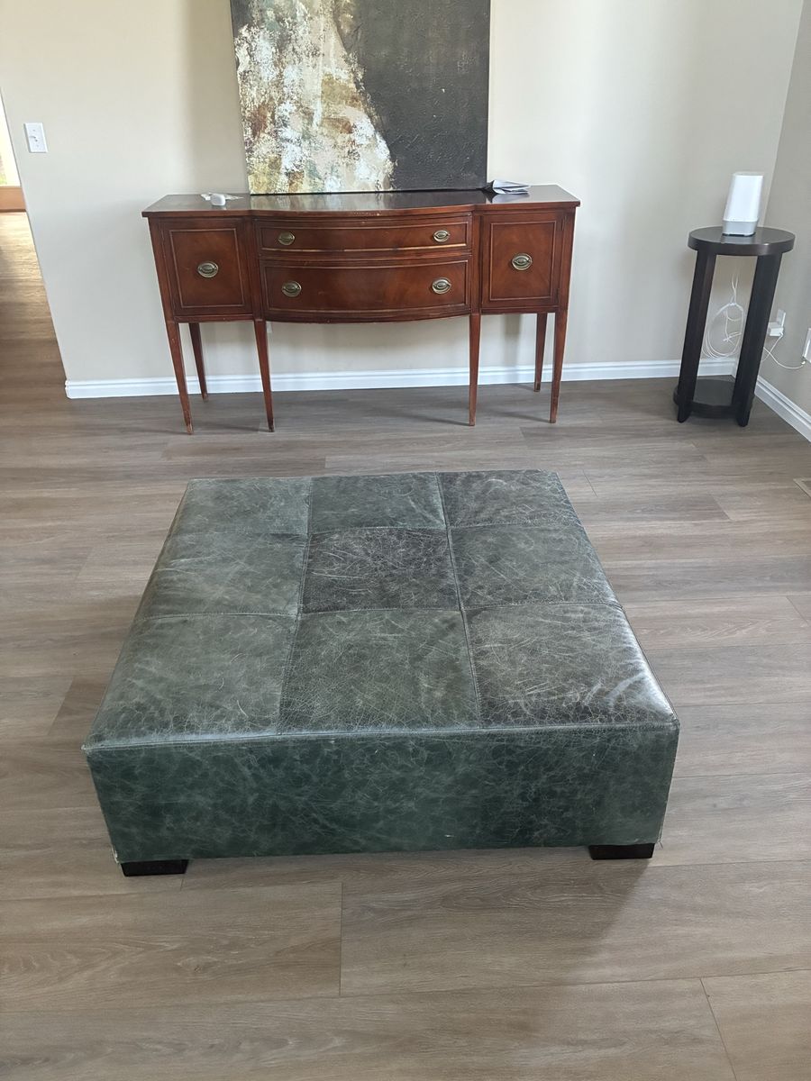 42" Square Green Leather Ottoman